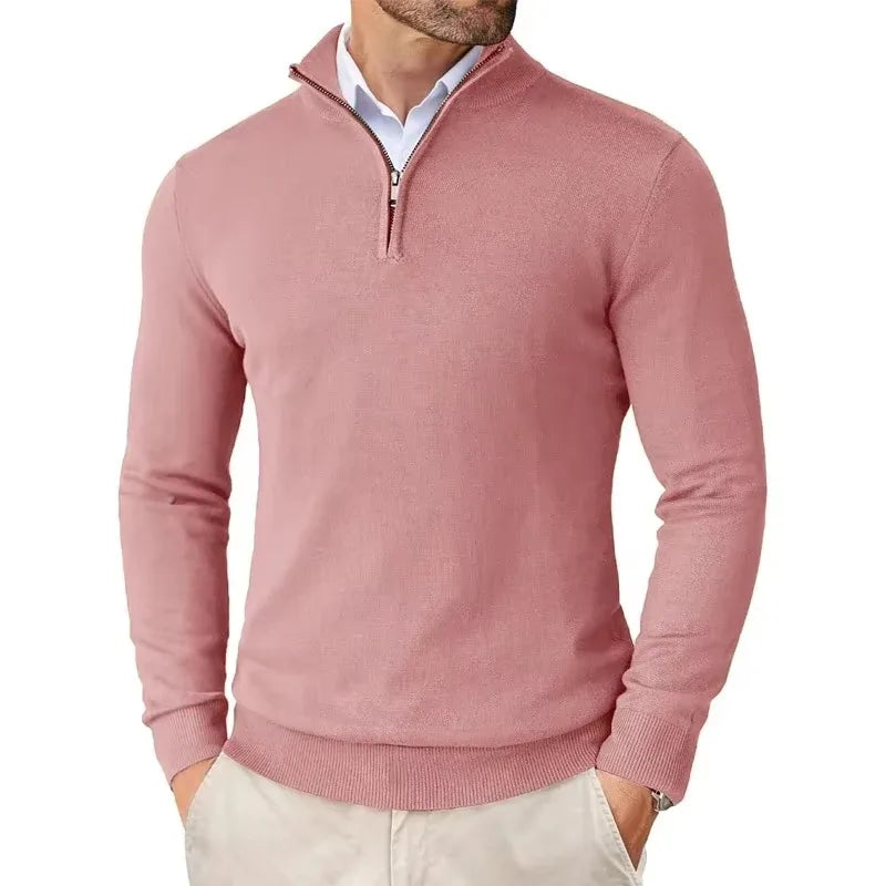 Men's Slim Fit Quarter Zip Sweater - Harrington Oxford Style with Stand Collar