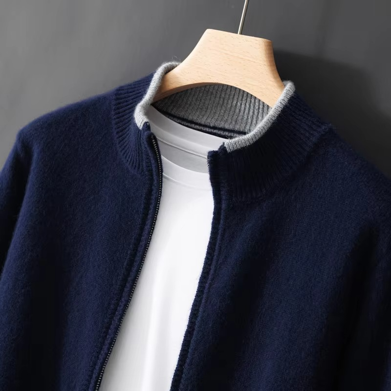 Men’s Zip Cardigan Sweater with Stand Collar and Relaxed Fit