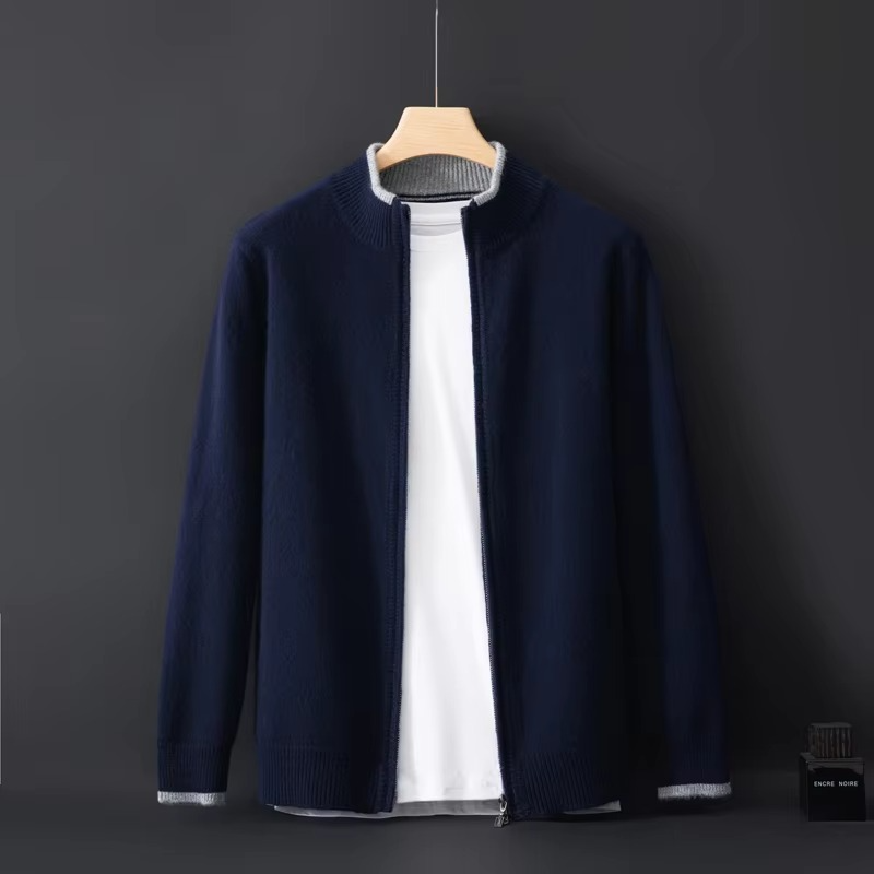 Men’s Zip Cardigan Sweater with Stand Collar and Relaxed Fit