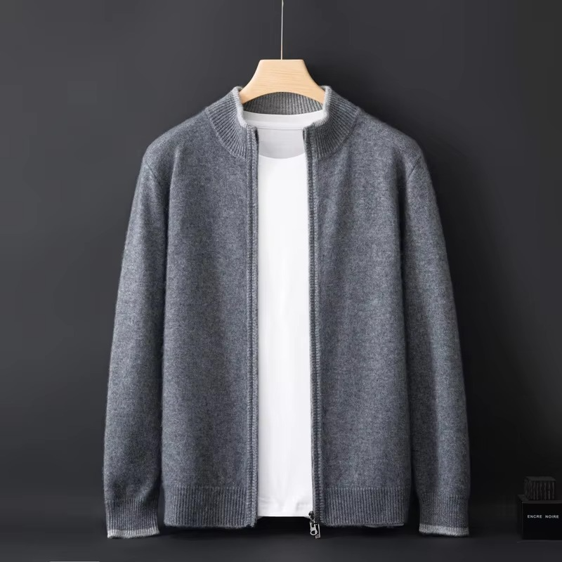 Men’s Zip Cardigan Sweater with Stand Collar and Relaxed Fit