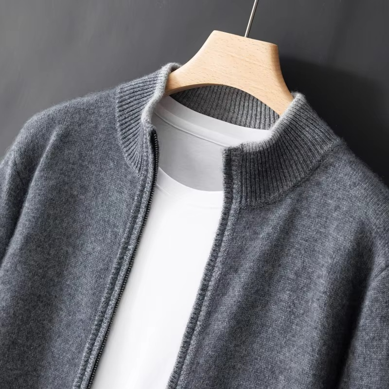 Men’s Zip Cardigan Sweater with Stand Collar and Relaxed Fit