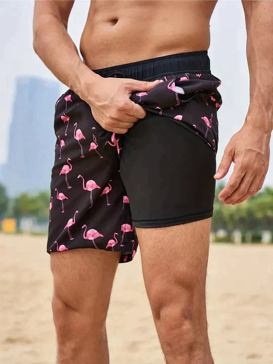 Men's Drawstring Swim Shorts with Printed Design and Side Pockets