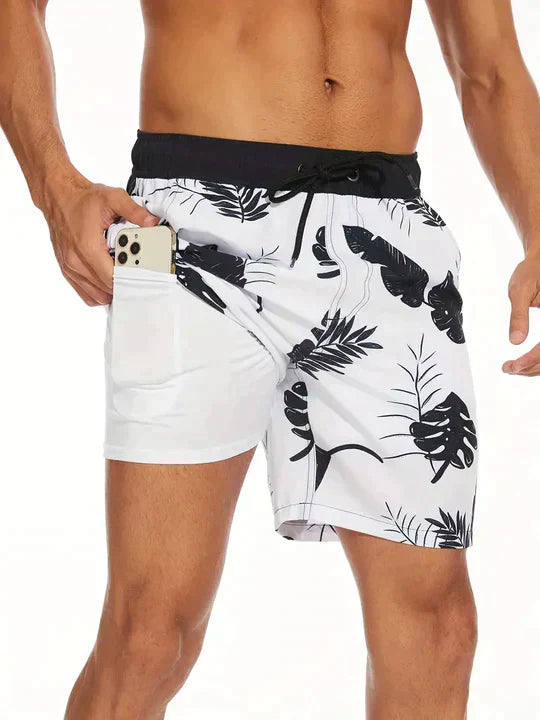 Men's Drawstring Swim Shorts with Printed Design and Side Pockets
