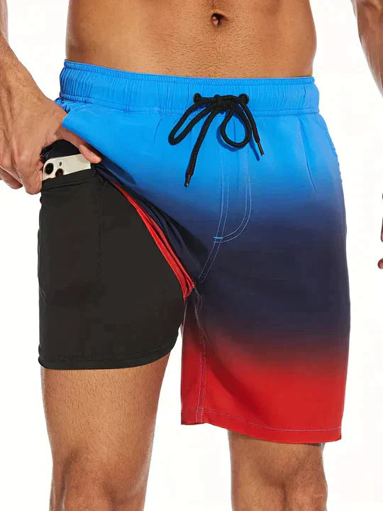 Men's Drawstring Swim Shorts with Printed Design and Side Pockets