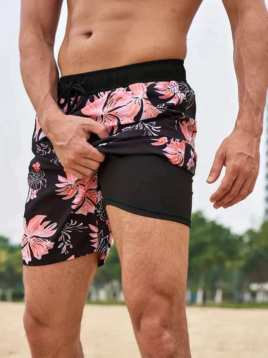 Men's Drawstring Swim Shorts with Printed Design and Side Pockets