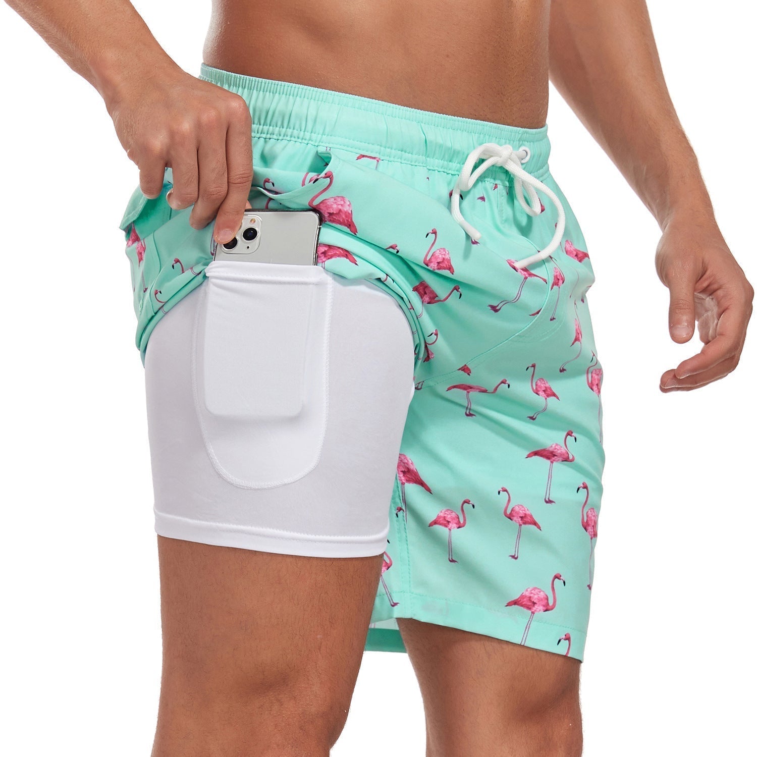 Men's Drawstring Swim Shorts with Printed Design and Side Pockets