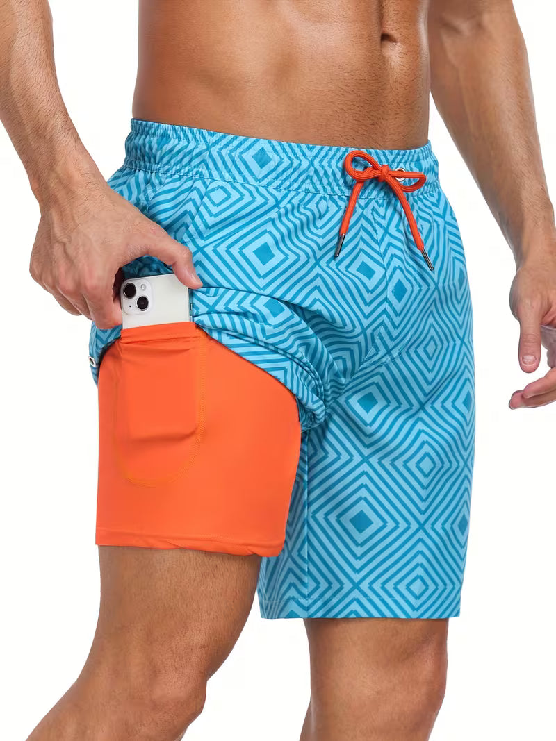 Men's Drawstring Swim Shorts with Printed Design and Side Pockets