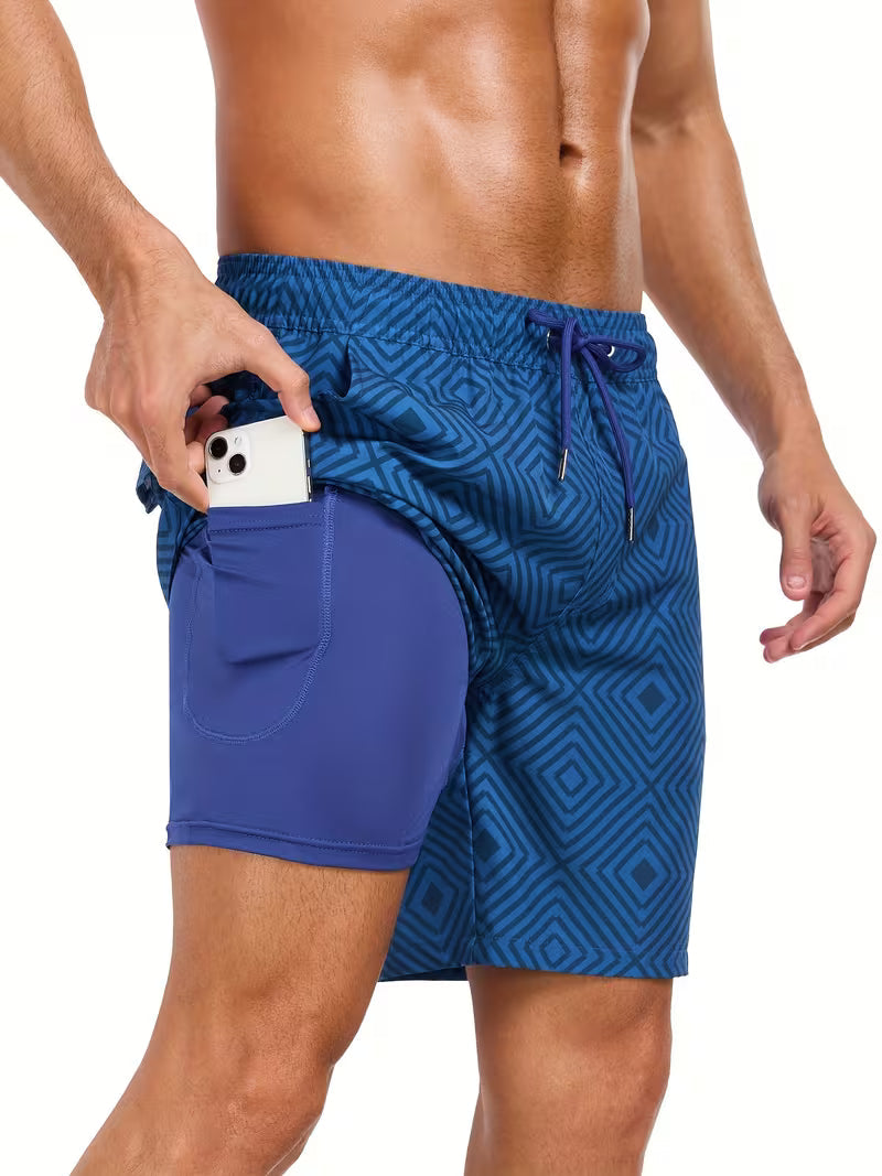 Men's Drawstring Swim Shorts with Printed Design and Side Pockets