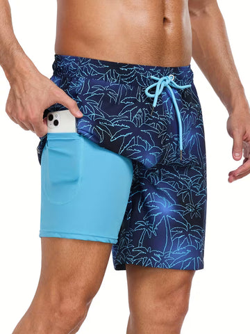 Men's Drawstring Swim Shorts with Printed Design and Side Pockets