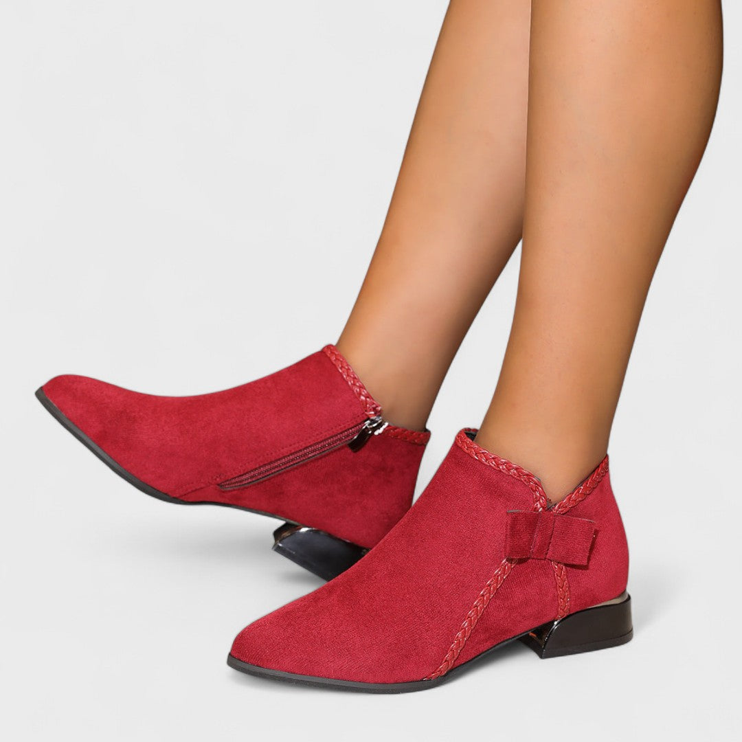 Women's Ankle Boots - Pointed Toe Side Zip Low Block Heel Bow Detail