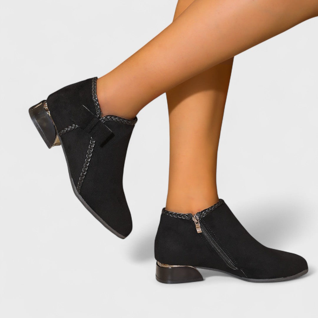 Women's Ankle Boots - Pointed Toe Side Zip Low Block Heel Bow Detail