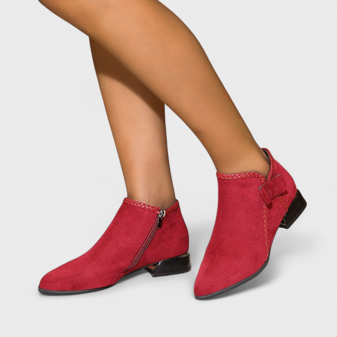 Women's Ankle Boots - Pointed Toe Side Zip Low Block Heel Bow Detail