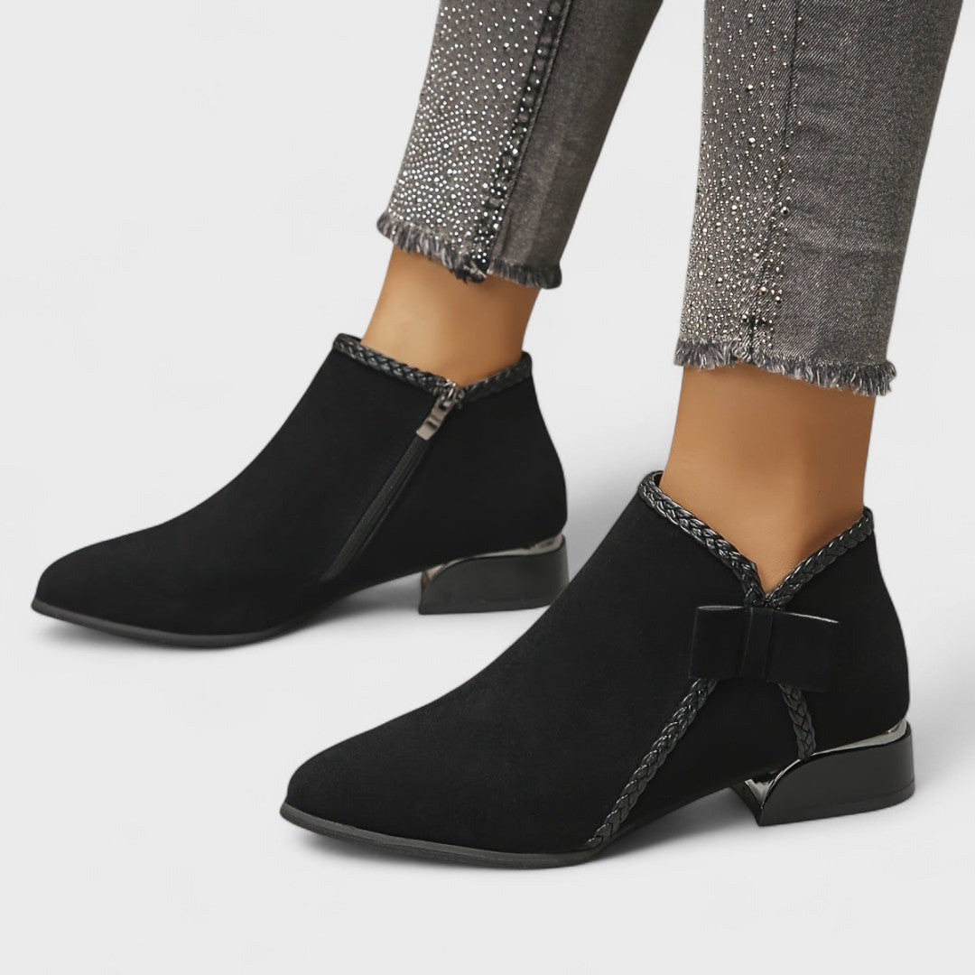 Women's Ankle Boots - Pointed Toe Side Zip Low Block Heel Bow Detail
