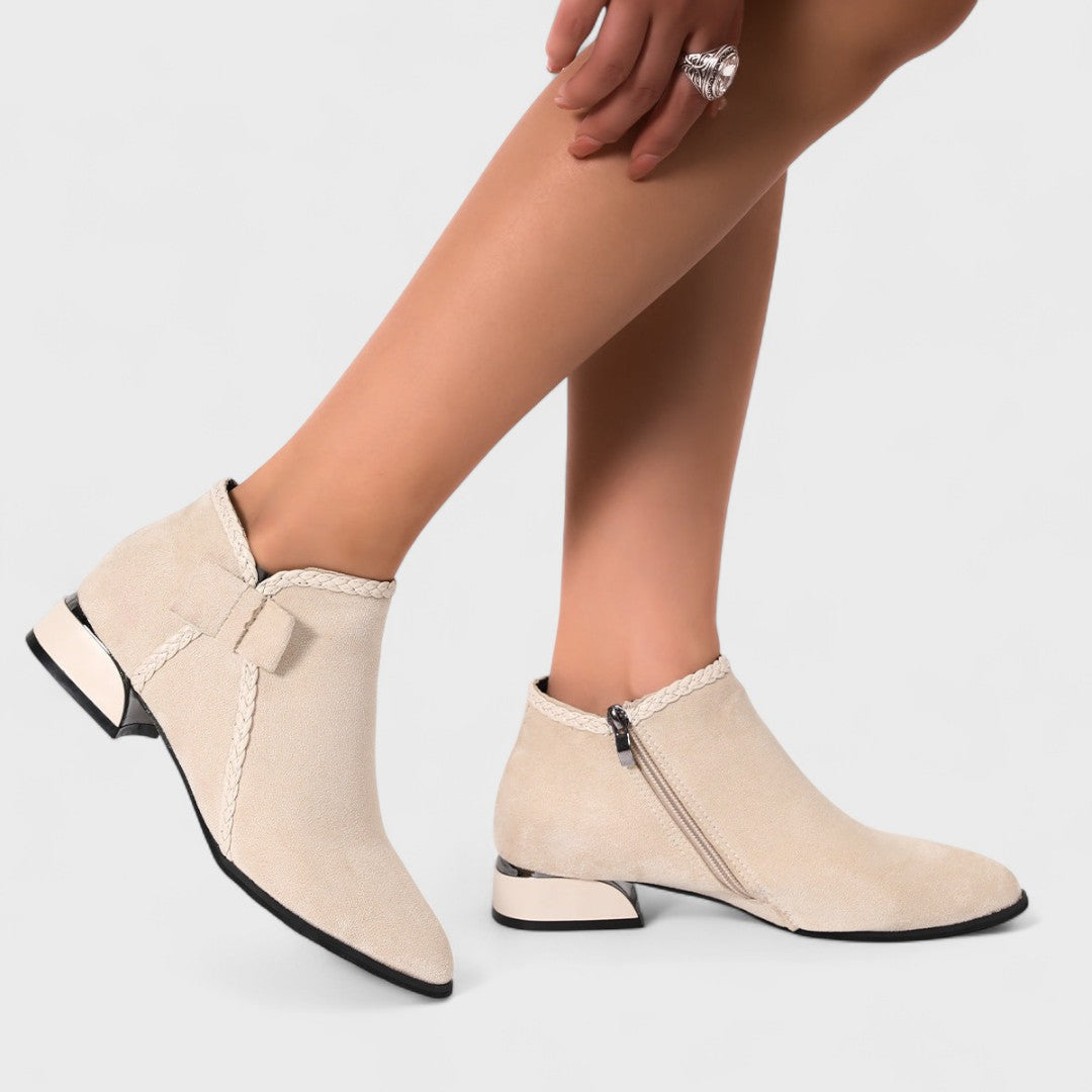 Women's Ankle Boots - Pointed Toe Side Zip Low Block Heel Bow Detail