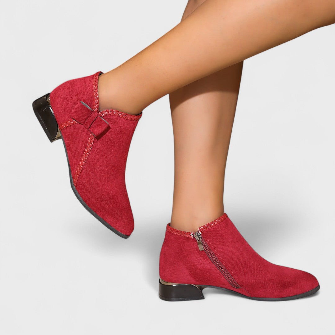Women's Ankle Boots - Pointed Toe Side Zip Low Block Heel Bow Detail