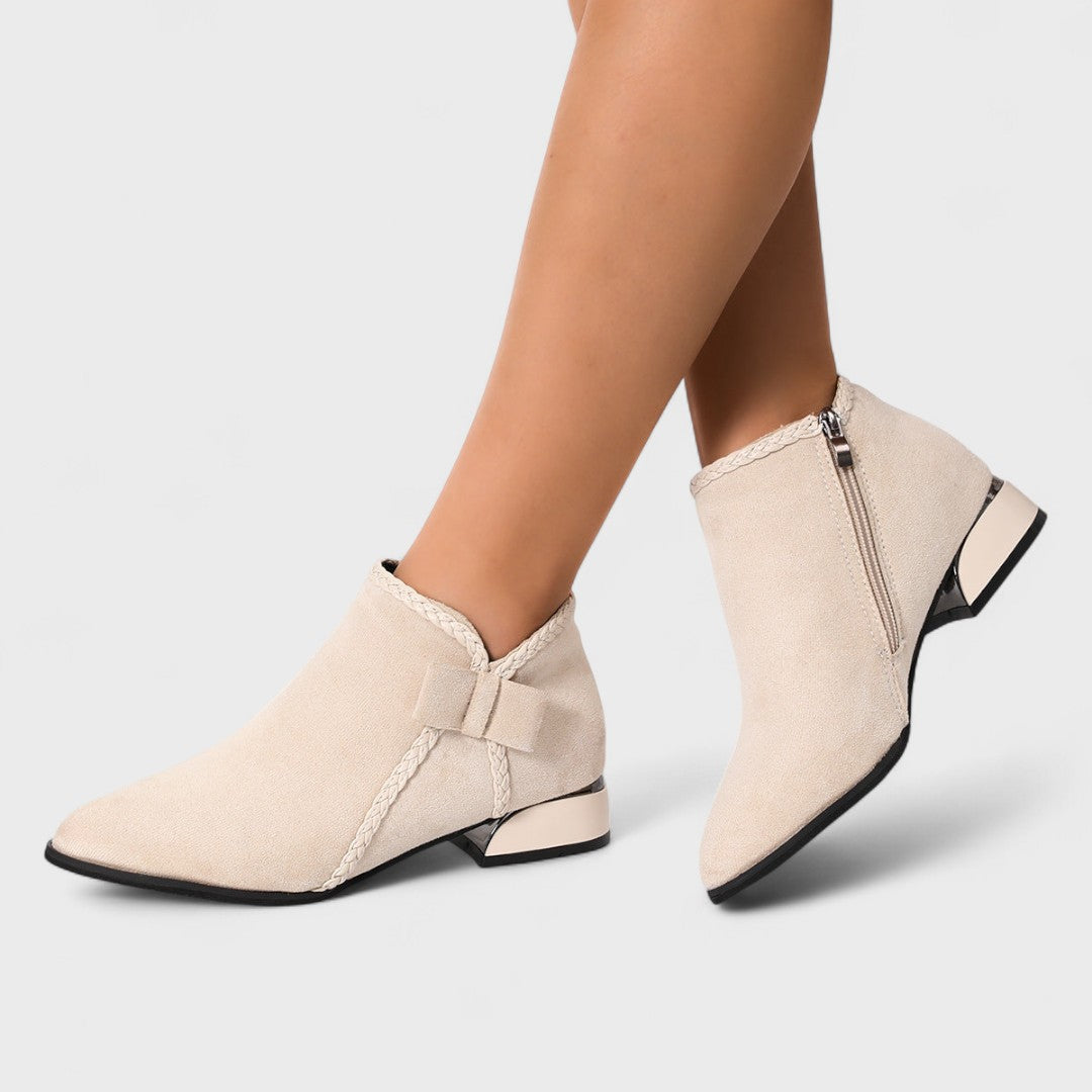 Women's Ankle Boots - Pointed Toe Side Zip Low Block Heel Bow Detail