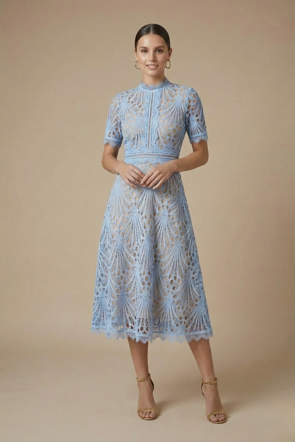 Women’s Elegant Lace Midi Dress - High Neck Design with Cutwork Detail