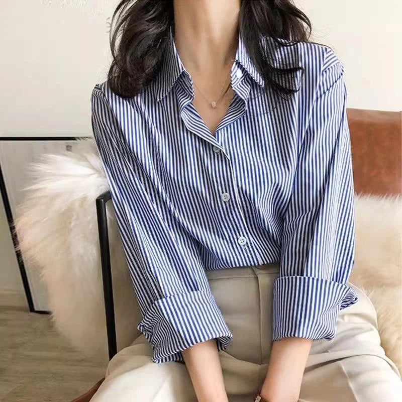 Celestria | Classic Striped Button-Down Blouse