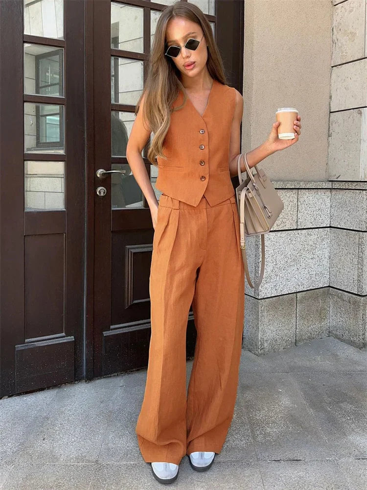 Marguerite | Elegant Linen Vest Wide Leg Trouser Set