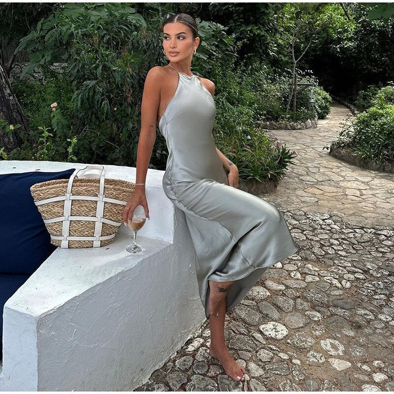 Evangelina | Sophisticated Halter Satin Maxi Dress