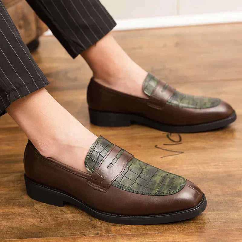 Men's Penny Loafers - Slip-On - Crocodile Embossed - Low Heel