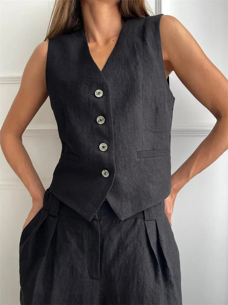 Marguerite | Elegant Linen Vest Wide Leg Trouser Set