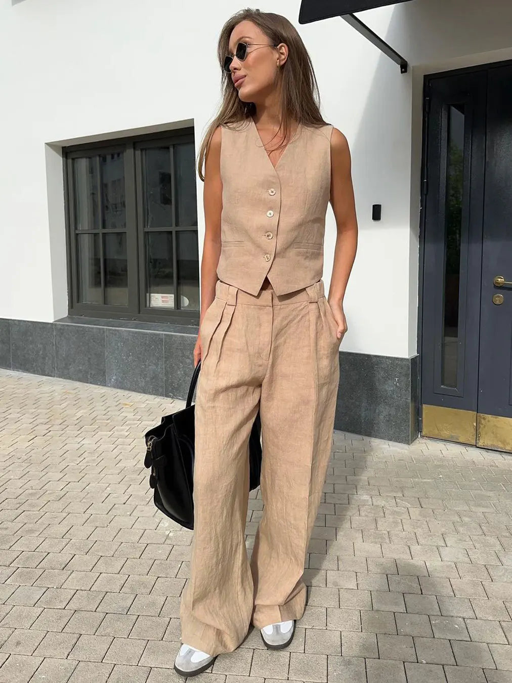 Marguerite | Elegant Linen Vest Wide Leg Trouser Set