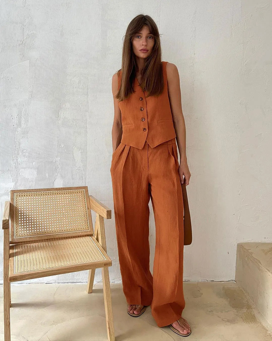 Marguerite | Elegant Linen Vest Wide Leg Trouser Set