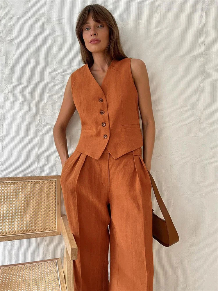 Marguerite | Elegant Linen Vest Wide Leg Trouser Set