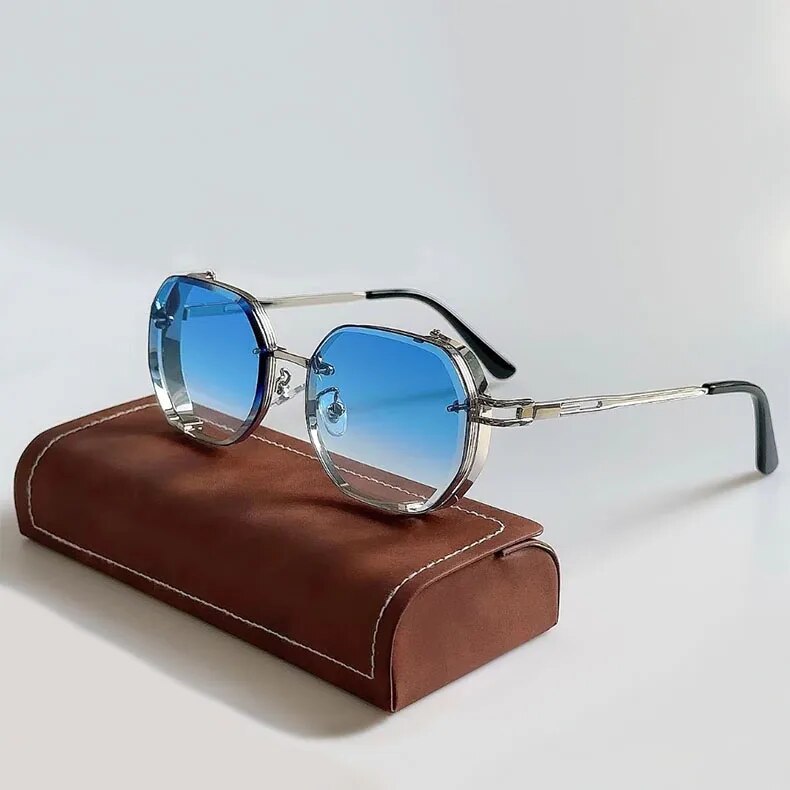 Men’s Steampunk-Inspired Sunglasses with Vintage Metal Accents and Round Frames