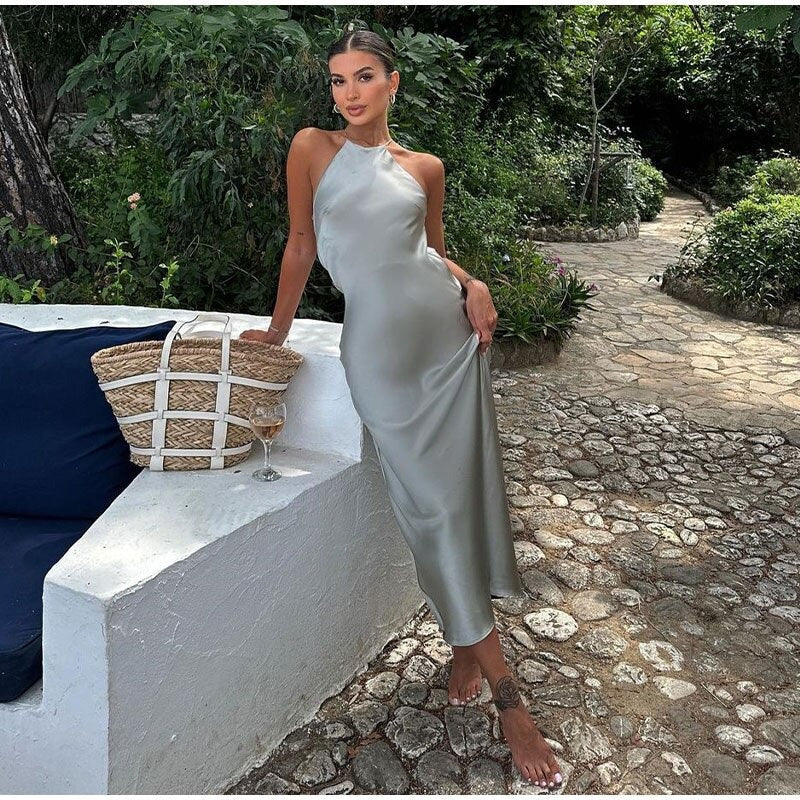 Evangelina | Sophisticated Halter Satin Maxi Dress