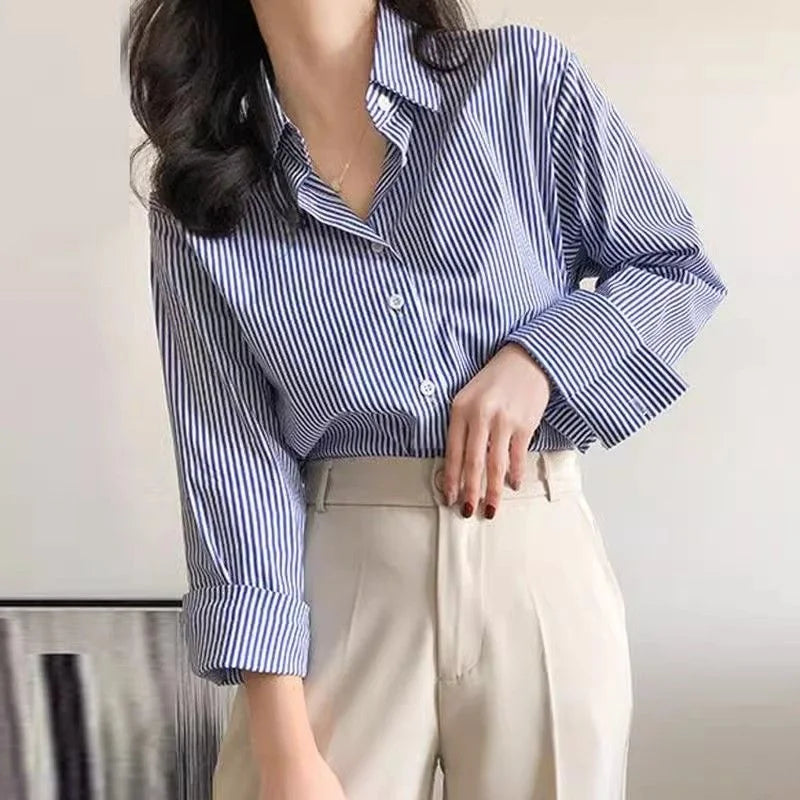 Celestria | Classic Striped Button-Down Blouse