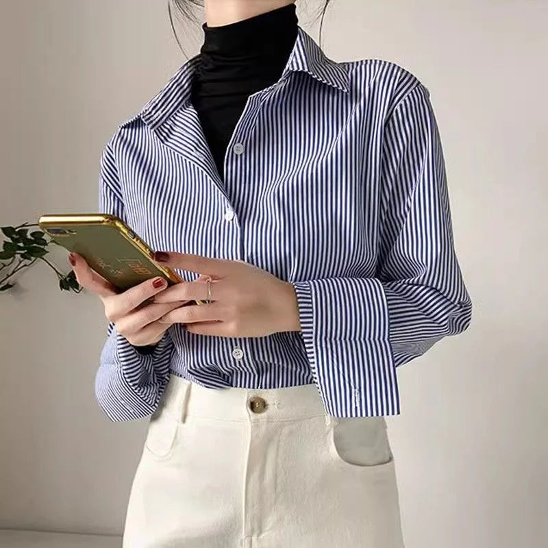Celestria | Classic Striped Button-Down Blouse