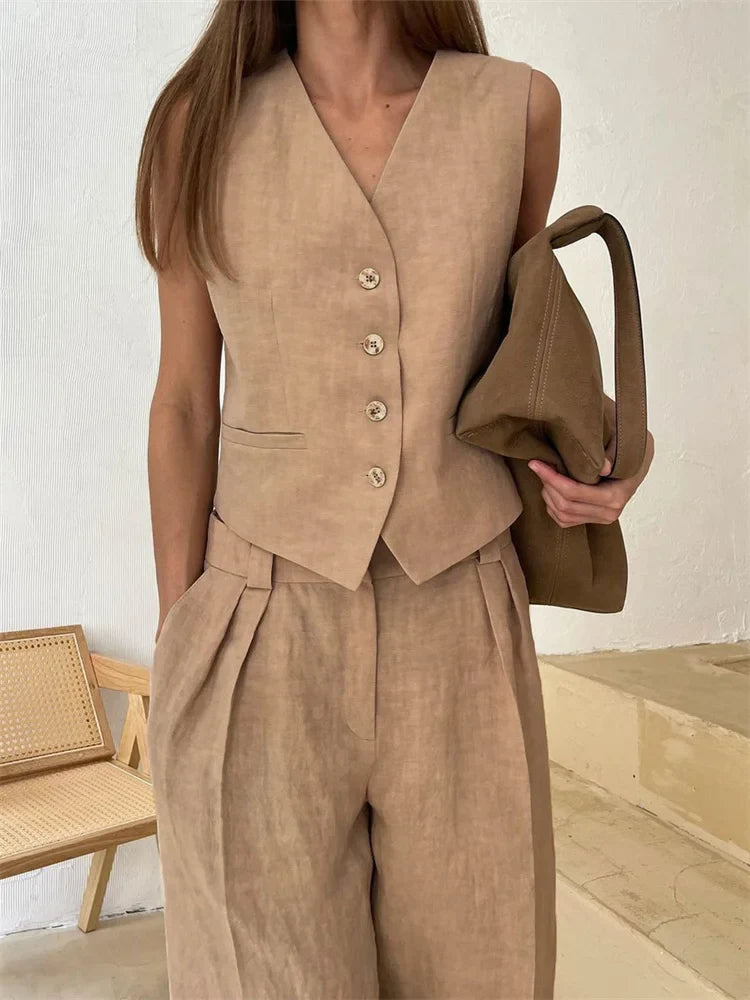 Marguerite | Elegant Linen Vest Wide Leg Trouser Set