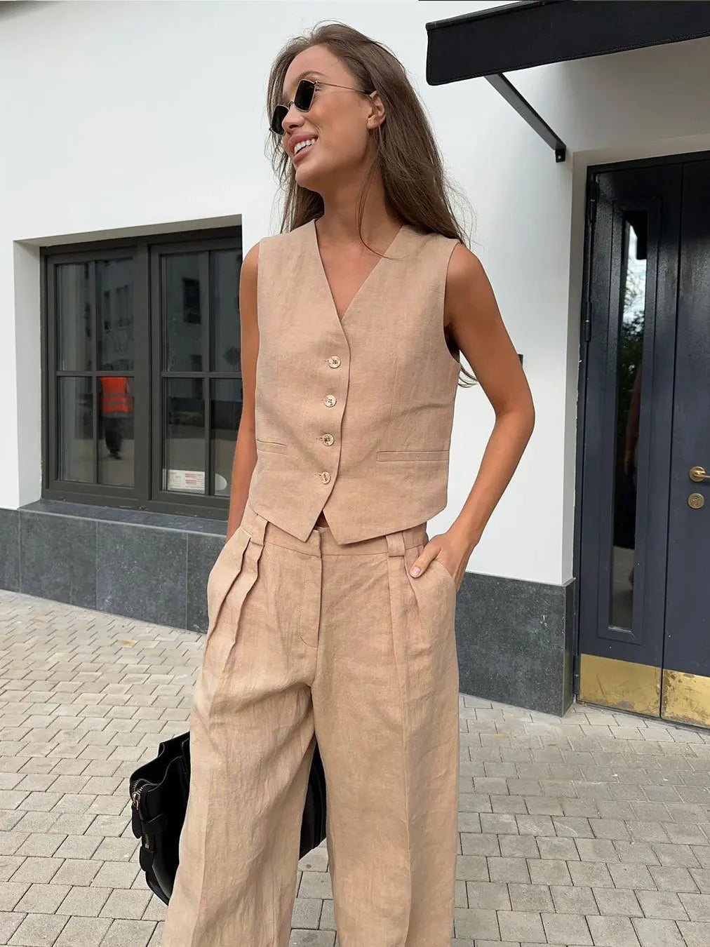 Marguerite | Elegant Linen Vest Wide Leg Trouser Set
