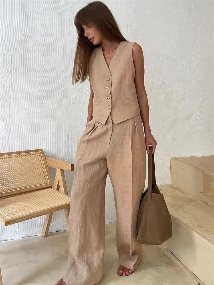 Marguerite | Elegant Linen Vest Wide Leg Trouser Set