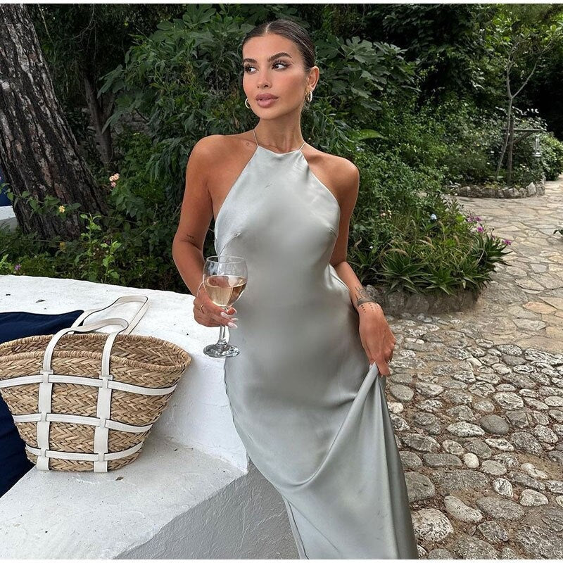 Evangelina | Sophisticated Halter Satin Maxi Dress