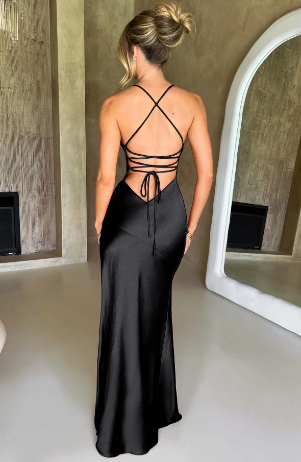 Serenella | Elegant Satin Spaghetti Strap Maxi Dress
