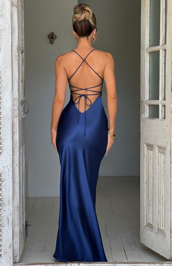 Serenella | Elegant Satin Spaghetti Strap Maxi Dress