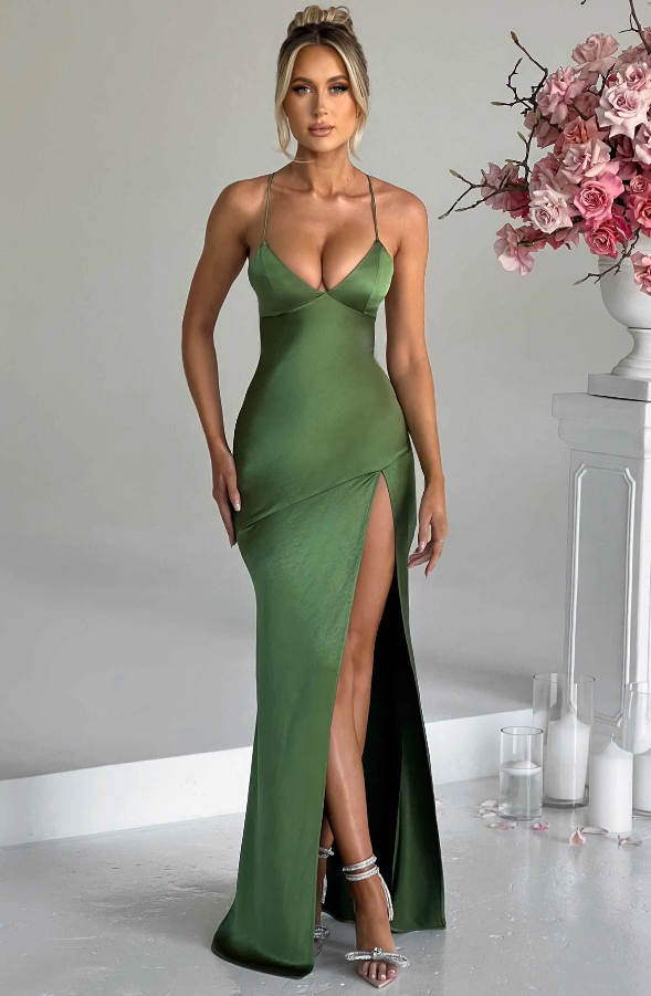 Serenella | Elegant Satin Spaghetti Strap Maxi Dress