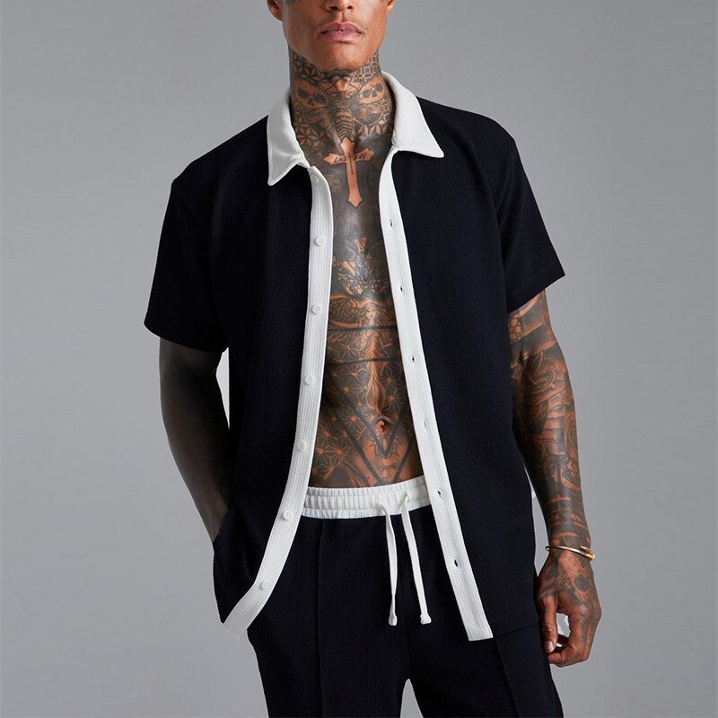 Dacian | Men's Casual Waffle Texture Short Sleeve Shirt & Shorts Set