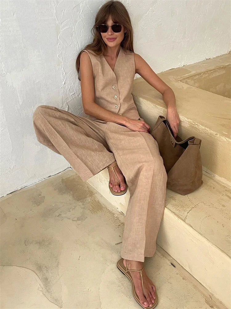 Marguerite | Elegant Linen Vest Wide Leg Trouser Set