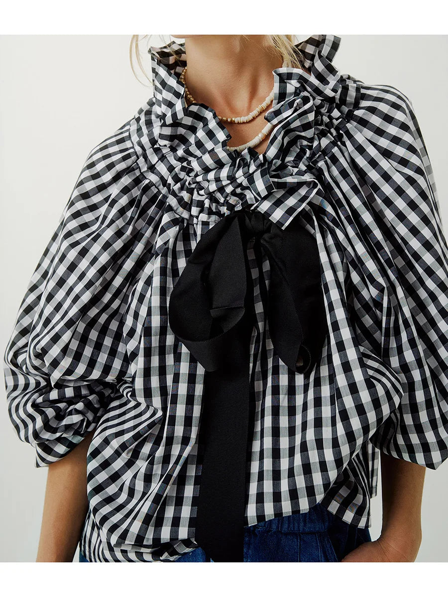 Celestina | Romantic Gingham Check Ruffled Bow Blouse