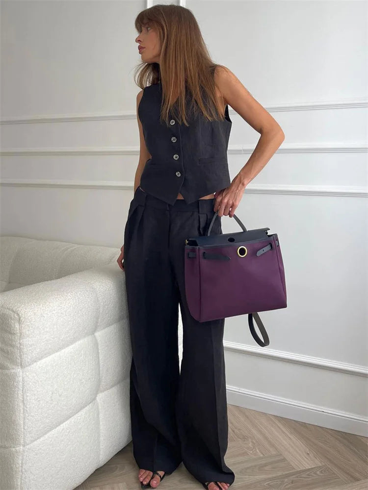 Marguerite | Elegant Linen Vest Wide Leg Trouser Set