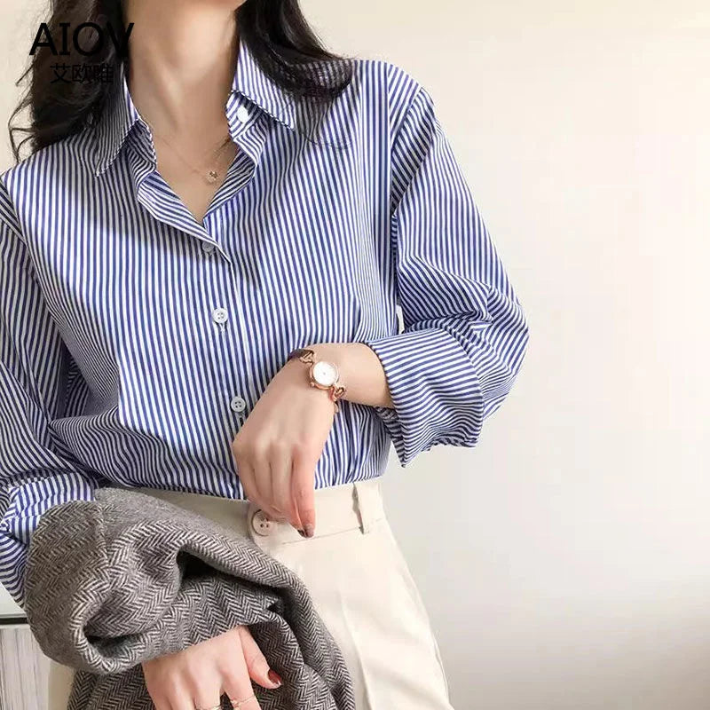 Celestria | Classic Striped Button-Down Blouse