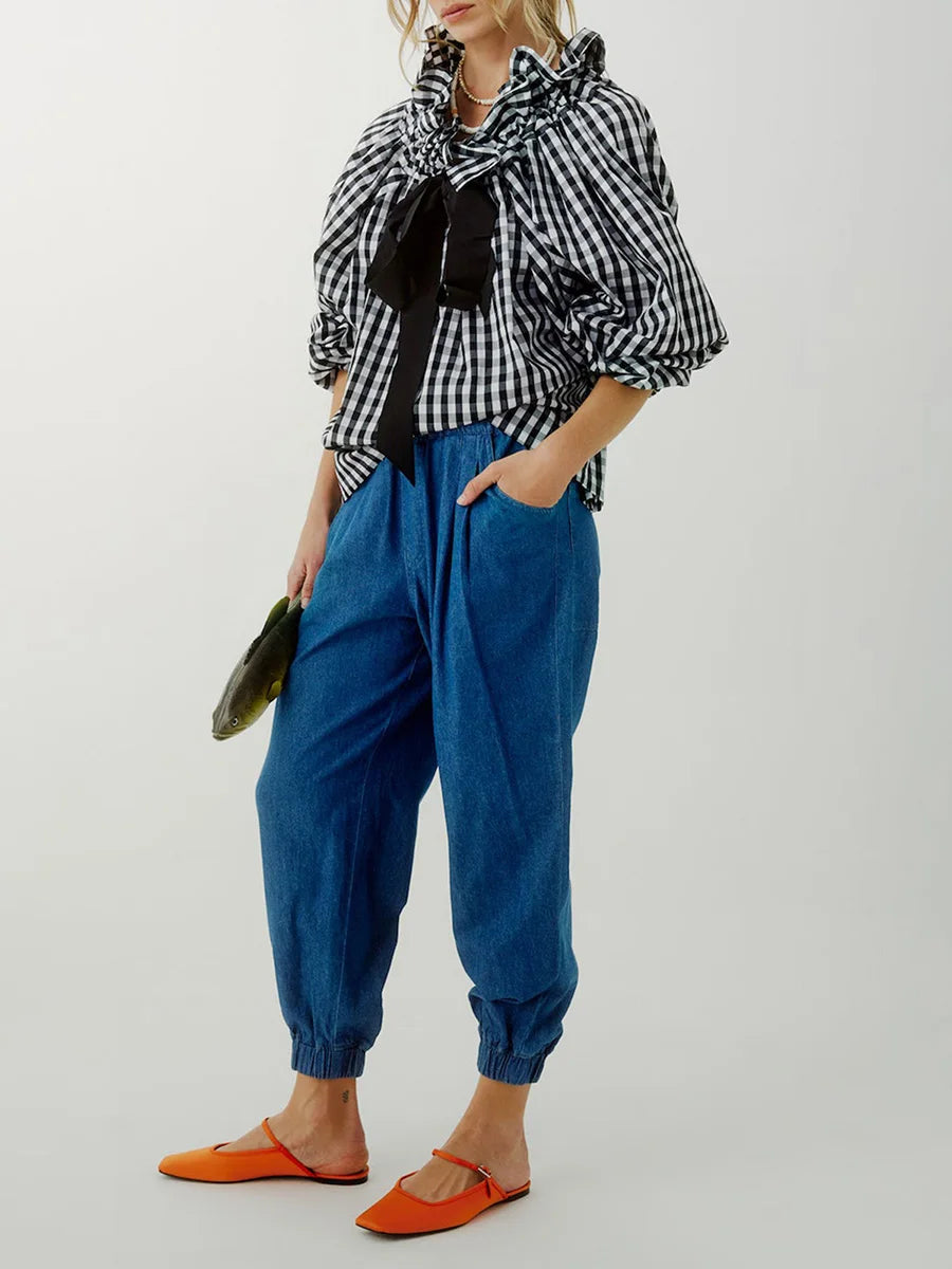 Celestina | Romantic Gingham Check Ruffled Bow Blouse
