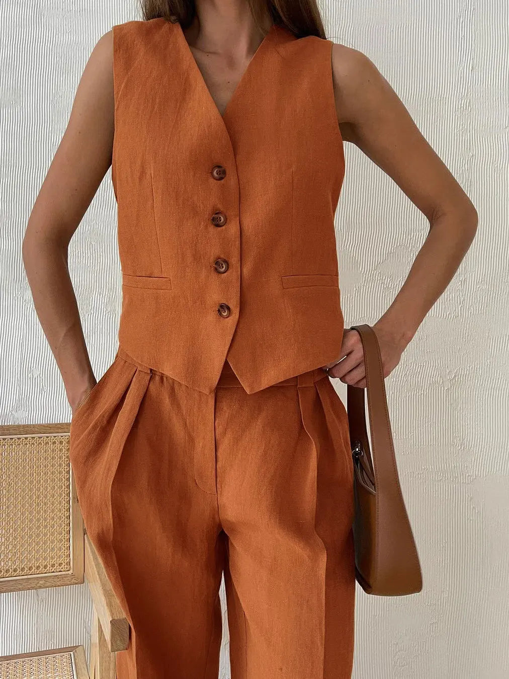 Marguerite | Elegant Linen Vest Wide Leg Trouser Set