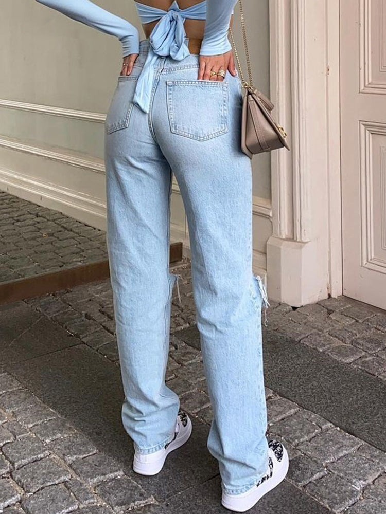 Persephone | Casual Distressed Denim Straight Leg Jeans