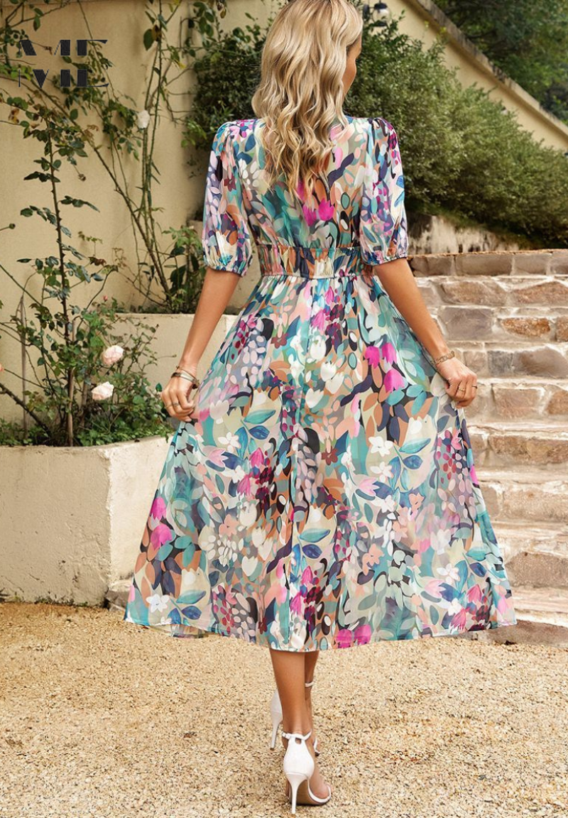 Women’s Floral Midi Dress with Puff Sleeves and V Neckline