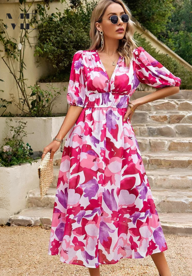 Women’s Floral Midi Dress with Puff Sleeves and V Neckline